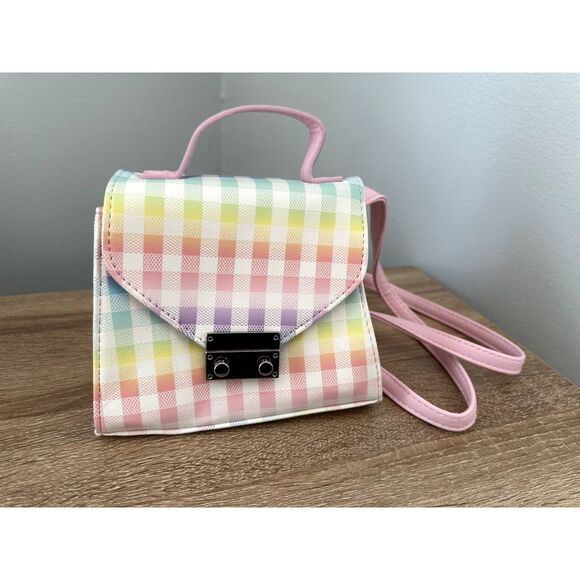NWOT Wonder Nation Gingham Checkered Pastel Rainbow Plaid Mini Crossbody Bag - Picture 3 of 6
